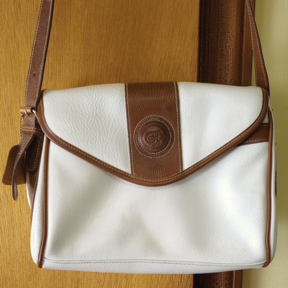 Cream and brown shoulder bag with flap